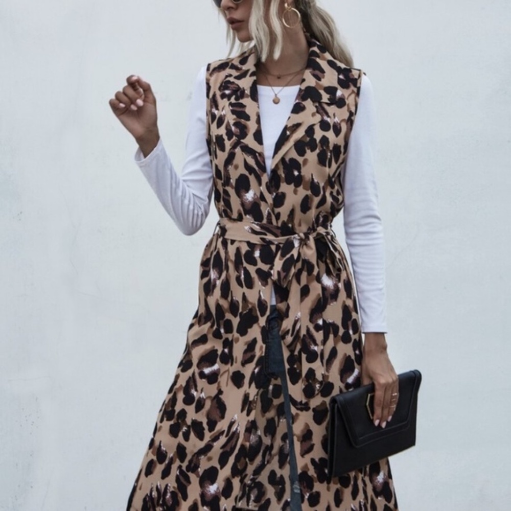 Tan Brown leopard Print Long Vest - Picture 3 of 6